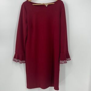 Spence red knit shift dress long sleeves with flare and silver sparkle detail